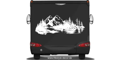 Autoaufkleber Skandinavisches Bergpanorama auf dunklem Reisemobilheck - Ansicht Farbauswahl
