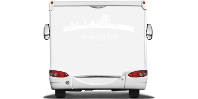 Autoaufkleber mit Dortmunder Skyline auf Heck von Wohnmobil oder Wohnwagen - Ansicht Farbauswahl