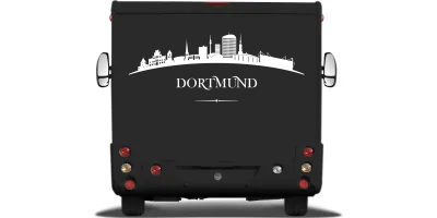 Autoaufkleber mit Dortmunder Skyline auf Heck von Wohnmobil oder Wohnwagen - Ansicht Farbauswahl