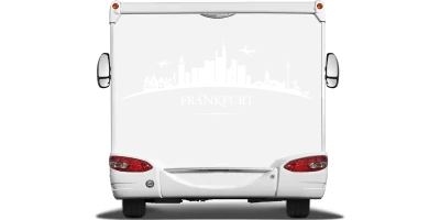 Autoaufkleber Skyline Frankfurt auf Heck von Wohnmobil oder Wohnwagen - Ansicht Farbauswahl