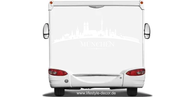 Autoaufkleber Skyline München auf Heck von Wohnmobil oder Wohnwagen - Ansicht Farbauswahl
