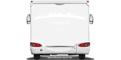 Autoaufkleber mit der Skyline von Nürnberg auf Heck von Wohnmobil oder Wohnwagen - Ansicht Farbauswahl