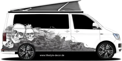 Autoaufkleber Totenköpfe Kleckse auf weißem Van in Wunschfarbe