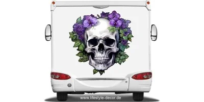 Autoaufkleber Totenkopf mit Blumenranken auf Wohnmobil Heck