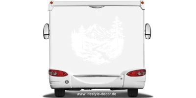 Autoaufkleber Wildbach in den Alpen auf Heck von hellem Reisemobil - Ansicht Farbauswahl