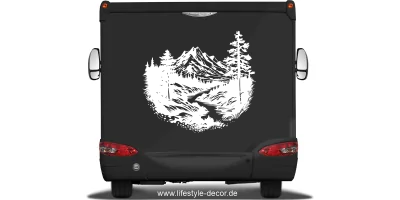 Autoaufkleber Wildbach in den Alpen auf Heck von dunklem Reisemobil - Ansicht Farbauswahl