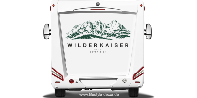 Autoaufkleber Wilder Kaiser auf Heck von Wohnwagen oder Wohnmobil