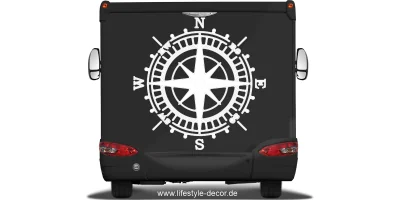 Autoaufkleber Windrose auf Heck von Wohnmobil oder Wohnwagen - Ansicht Farbauswahl