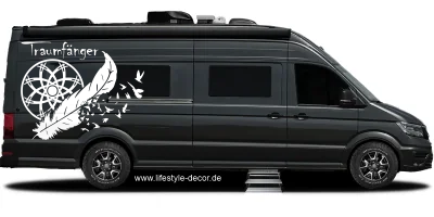 autodekor-traumfaenger-mit-text auf dunklem Camper - Ansicht Farbauswahl