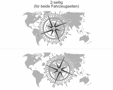 Autosticker Windrose mit Weltkarte - Ansicht zweiseitig für beide Fahrzeugseiten