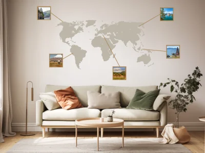 buntes Wandtattoo mit Weltkarte und Bilderrahmen
