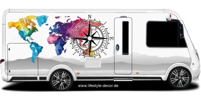 Campingdekor farbige Weltkarte mit Kompassrose
