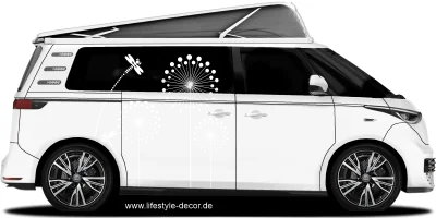 Modernes Pusteblumendesign als Autoaufkleber auf hellem Camper - Ansicht Farbauswahl