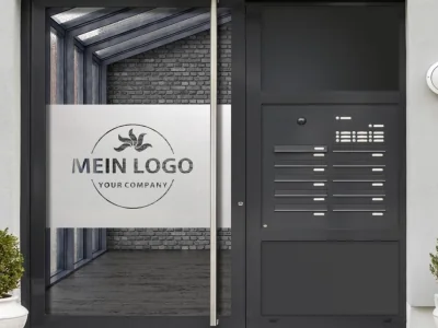 Sichtschutz Milchglasfolie Firmenlogo - Beispielbild auf Eingangstür