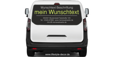 Fahrzeugbeschriftung Adressblock | 26a auf Heck von Transporter