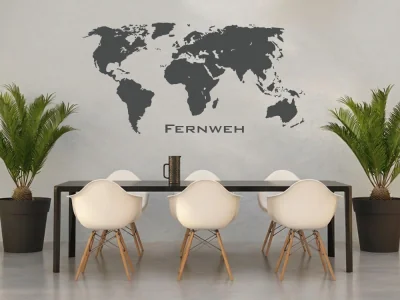 Fassaden- und Außenwandaufkleber mit Weltkarte und dem Wort Fernweh