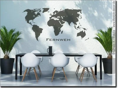 Fassaden- und Außenwandaufkleber mit Weltkarte und dem Wort Fernweh