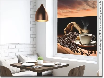 Fotofolie als Sichtschutz für Küche mit Kaffeesack, Kaffeebohnen und Kaffeetasse