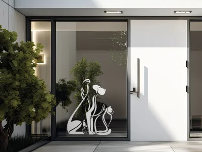 Glasaufkleber einre Tierfamilie mit Hund, Katze, Hase, Papagei und Echse