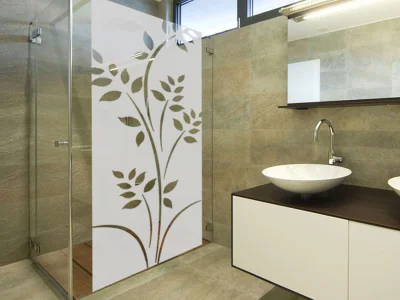 Glastür Milchglasfolie Pflanze auf Duschabtrennung