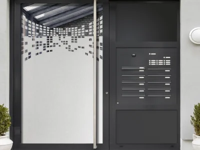 Milchglasfolie Gewerbe Modernes Design aus Quadraten auf Eingangstür