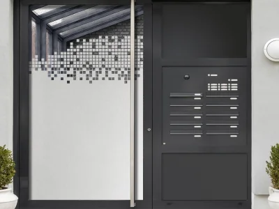 Milchglasfolie Gewerbe Quadrat Design auf Eingangstür