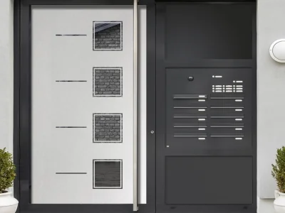 Milchglasfolie Gewerbe Quadratdesign auf Eingangstür