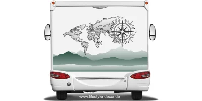 Reisemobildekor Weltkarte mit Kompassrose auf hellem Heck