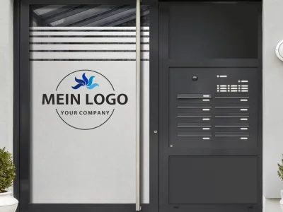 Sichtschutzfolie Blickschutz Firmenlogo gedruckt auf Eingangstür