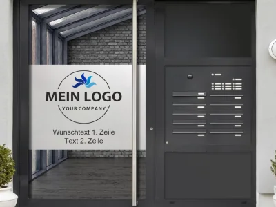 Sichtschutzfolie Firmenlogo gedruckt mit Wunschtext auf Eingangstür