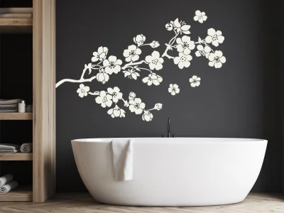 Wandtattoo Kirschblüte auf dunkler Wand im Badezimmer