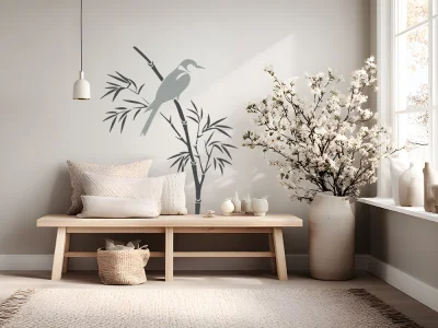 Mehrfarbiges Wandtattoo Bambuszweig mit Vogel