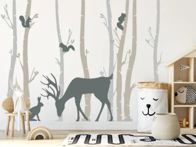 XXL Wandtattoo mit Birken und Tieren im Wald