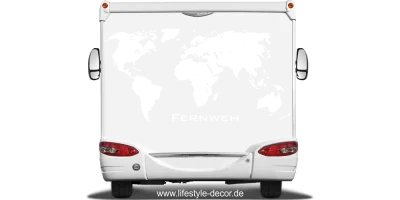 Wohnmobilaufkleber mit Weltkarte auf Heck von Wohnmobil oder Wohnwagen - Ansicht Farbauswahl